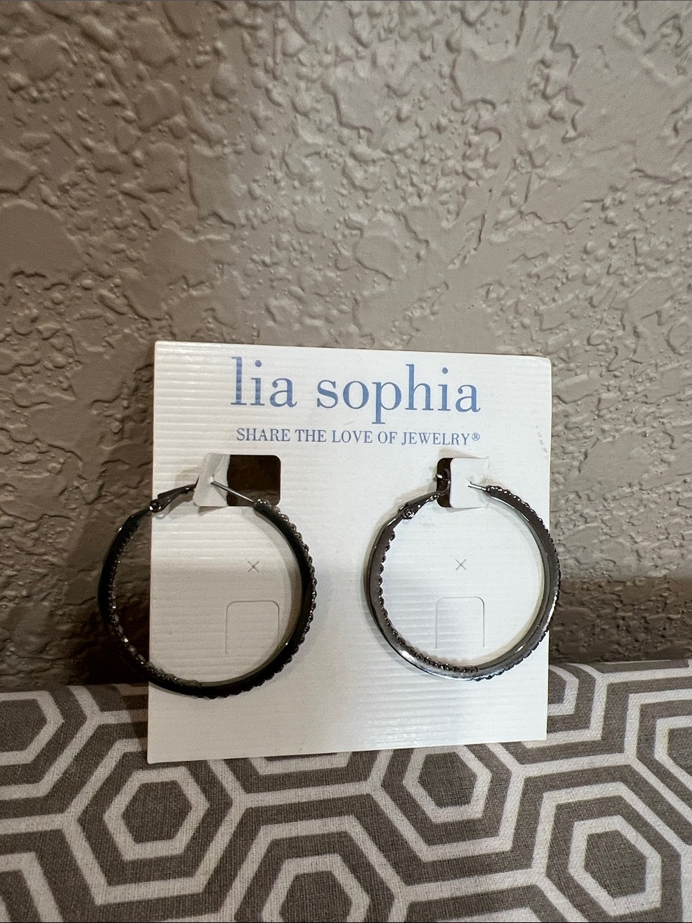 Lia Sophia gunmetal Gray Hoop Earrings with clear stones